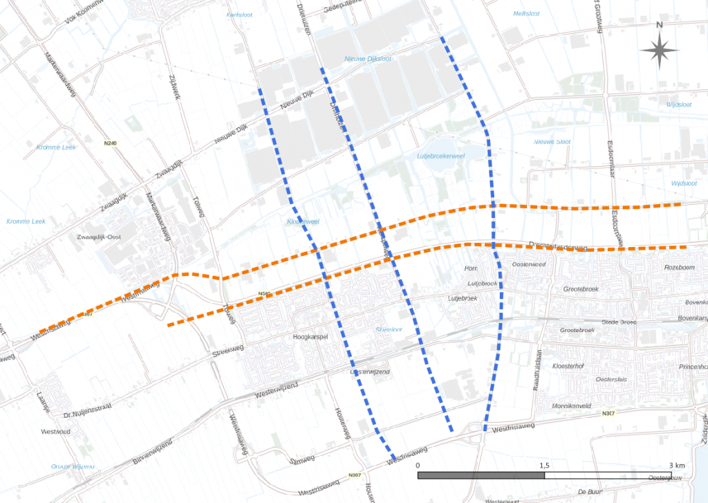 Kaartmateriaal: De gestippelde oranje lijnen op de kaart geven aan waar het onderzoek grofweg plaatsvindt De Gouw en de Drechterlandseweg). Op de blauwe lijnen worden alleen geofoons geplaatst.